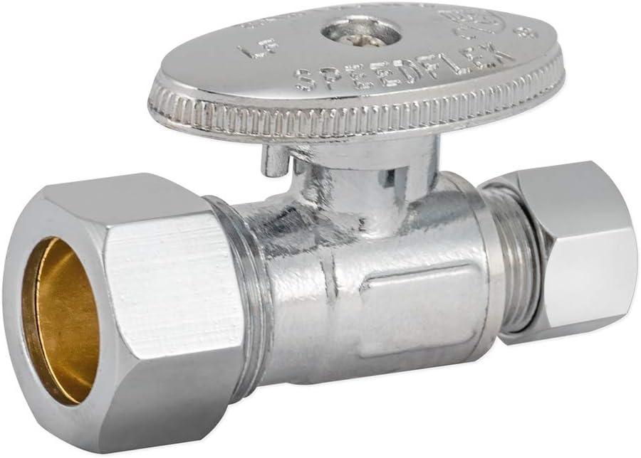Eastman Quarter-Turn Straight Stop Valve with Brass Ball Mechanism, 5/8 Inch OD Compression Inlet x 3/8 Inch OD Compression Outlet, Chrome Plated, 10756LF