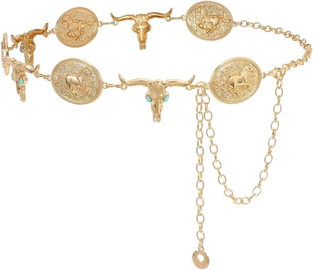 WHIPPY Western Metal Concho Belt for Women Vintage Cowgirl Boho Turquoise Chain Belts for Dresses Jeans (Gold, M)