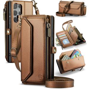 Wallet Case Compatible with Samsung Galaxy S25 Ultra 5G RFID Blocking 10-Card Holder Soft PU Leather Magnetic Snap Strap Zipper Pocket Phone Case Fit for Galaxy S25 Ultra - Brown