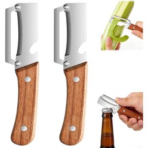 2 Pack Multifunctional Vegetable Peeler, Peelers for Kitchen with Bottle Opener, Zero Snag Wooden Peeler, 2 in 1 Stainless Steel Peeler with Wooden Handle, Potato, Fruit, Pumpkin