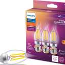 PHILIPS LED 75W BA11 E12 or E26 Adapter Base 3-Pack Ultra Definition Daylight (5000K) 700 Lumen (5.5W = 75W) Dimmable Flicker-Free Candelabra Light Bulbs