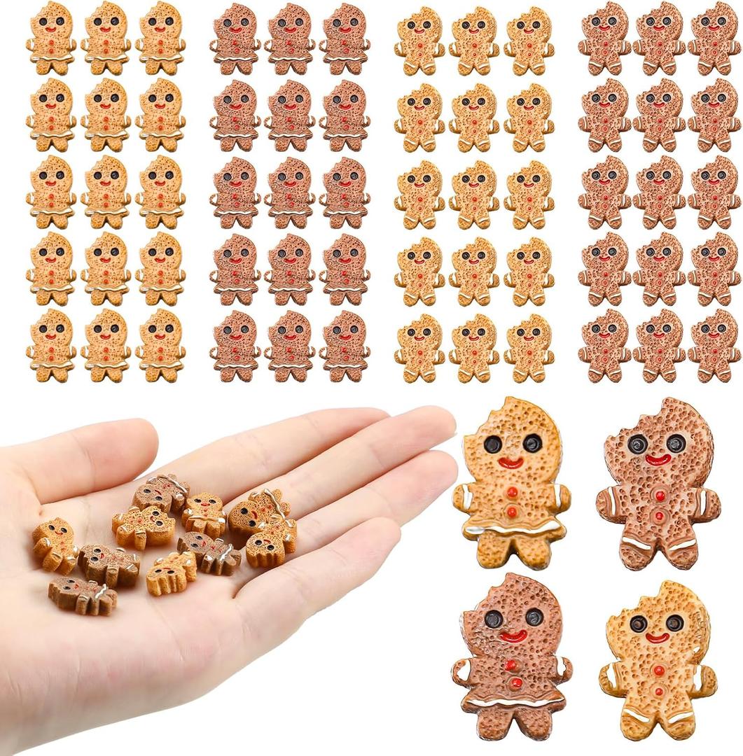 Wesiti 60 Pcs Christmas Mini Resin Gingerbread Men Charms for DIY Craft Miniature Gingerbread Figurines Tiny Flat Back Ornaments for Xmas Holiday Party Village Accessories Garden Dollhouse Tree Decor
