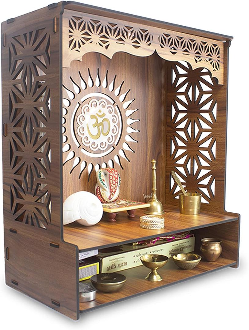Heartily Shree Beautiful Wooden Pooja Stand for Home Mandir for Home Temple for Home and Office Puja Mandir for Home and Office Wall with LED Spot Light Product (H- 18, L- 16, W-8.75 Inch)