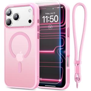 Stronger Magnetic & Shockproof for iPhone 17 Pro Case,Fit for MagSafe, with Screen Protector & Wrist Strap, Military-Grade Drop, Translucent Slim for iPhone 17 Pro Case, Chalk Pink