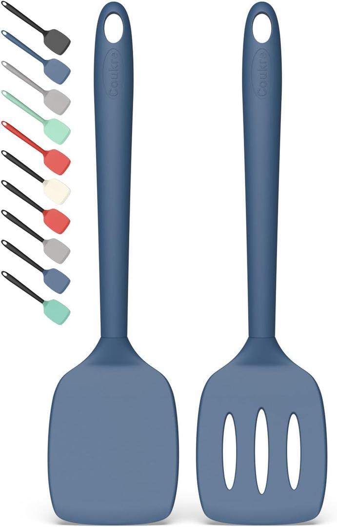 Coukre 2 Pack Silicone Spatula Set, High Heat Resistant, BPA Free Kitchen Spatula, Solid & Slotted Turner for Non-Stick Pans, Sauting, and Flipping (2, PureDarkBlue)