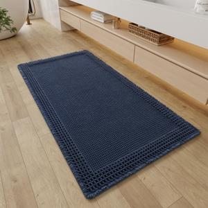RESARE Waffle Bathroom Runner Rugs, Super Absorbent Bath Mat Non Slip Washable Quick Dry, Upgraded Ultra Soft Boho Bath Rugs with Tassels for Hallway Bedroom Laundry Room, 2'x4'(24"x48"), Navy