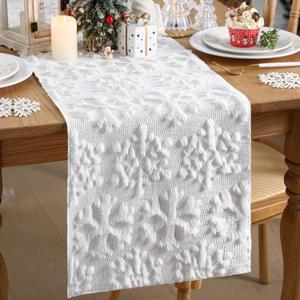 Roshtia Winter Snowflake Table Runner Soft Plush Faux Fur Jacquard Snowflake Tabletop Runner 13 x 72 Inch Winter Kitchen Dining Table Decor for Home Indoor Outdoor Holiday Party Decor(White)