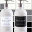 Hand and Dish Soap Dispenser for Kitchen and Bathroom, Set of 2 16 Oz Glass Bottles, Stainless Steel Pumps, Non-Slip Silicone Base, 27 Waterproof Labels (Matte White Bottle/Brushed Silver Pump)