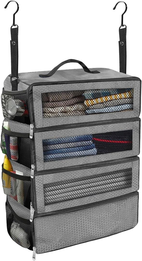 Suitcase Organizer, Travel Luggage Organizer Portable Hanging Travel Shelves Collapsible Hanging Packing Cubes for Carry on Suitcase (Medium, Grey-M)