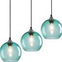 Light Blue Glass Pendant Lights Kitchen Island Lighting Globe Pendant Light Fixtures Modern Pendant Lighting for Bedroom Living Dining Room Light Fixture (7.87 in, 3 Pack)