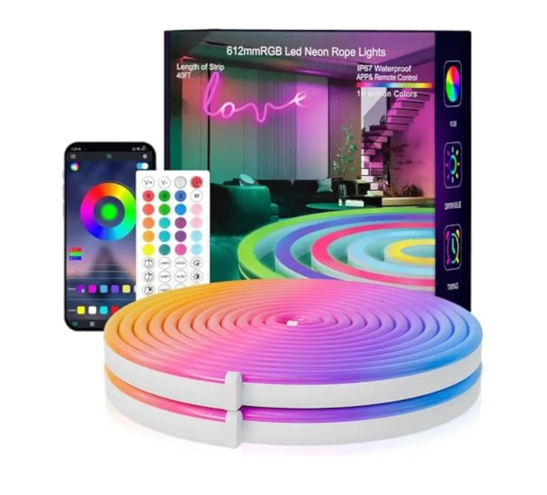 Neon Rope Lights, 19.68FT RGB Led Strip Lights, Waterproof IP67, DIY Design, Music Sync, 24 Keys Remote Control, Multiple Modes, for Living Room, Bedroom, Holiday Decoration
