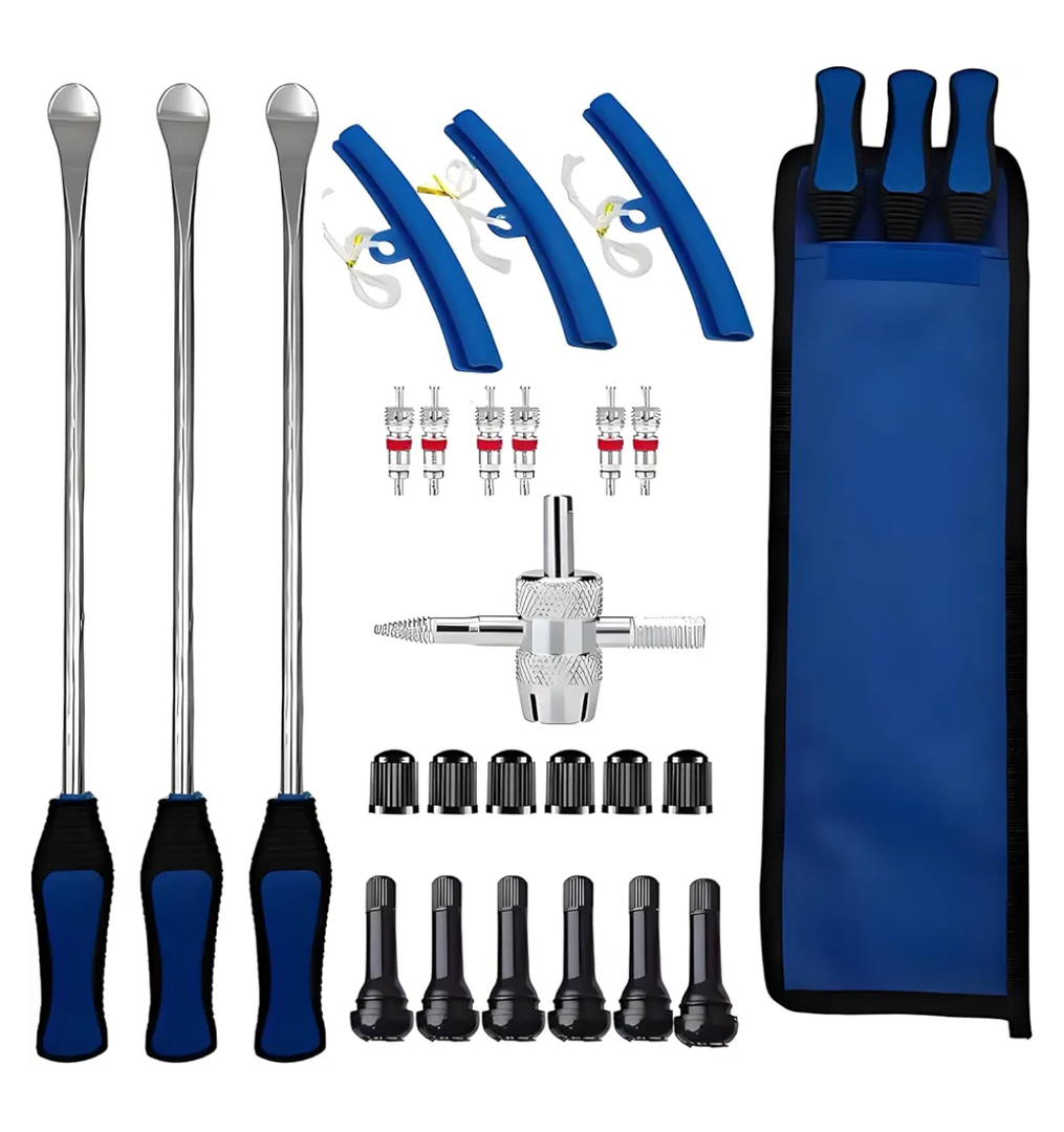 PINKJOY 15" Tire Spoon Kit, 26pcs Tire Changing Tool for Motorcycle Dirt Bike Lawn Tractor Bicycle, Motorcycle Tire Changer Tire Removal Tool with 3pcs Rim Covers 6pcs Valve Tool Valve Cores