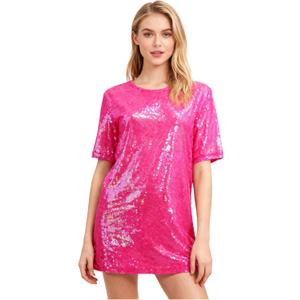 Womens Sequin Mini Dress Super Star Glitter Costume Sparkly T-shirt Concert Tour Disco Party Halloween Outfit Rose 2XL