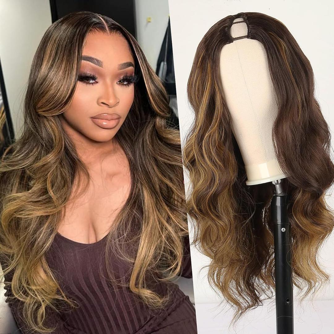 V Part Long Body Wavy Wig Synthetic V Shap Wigs for Black Women Full Head Clip In Hair Glueless Synthetic Wigs Highlight Blonde (Brown With Blonde)