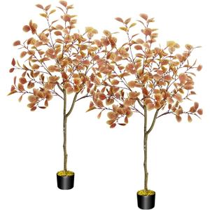 HUAESIN 5FT Fall Trees 2 Pack Autumn Eucalyptus Artificial Tree for Fall Decor Silk Fake Plants in Plastic Pot Farmhouse Indoor Decor Home Thanksgiving Christmas Outdoor Decorations