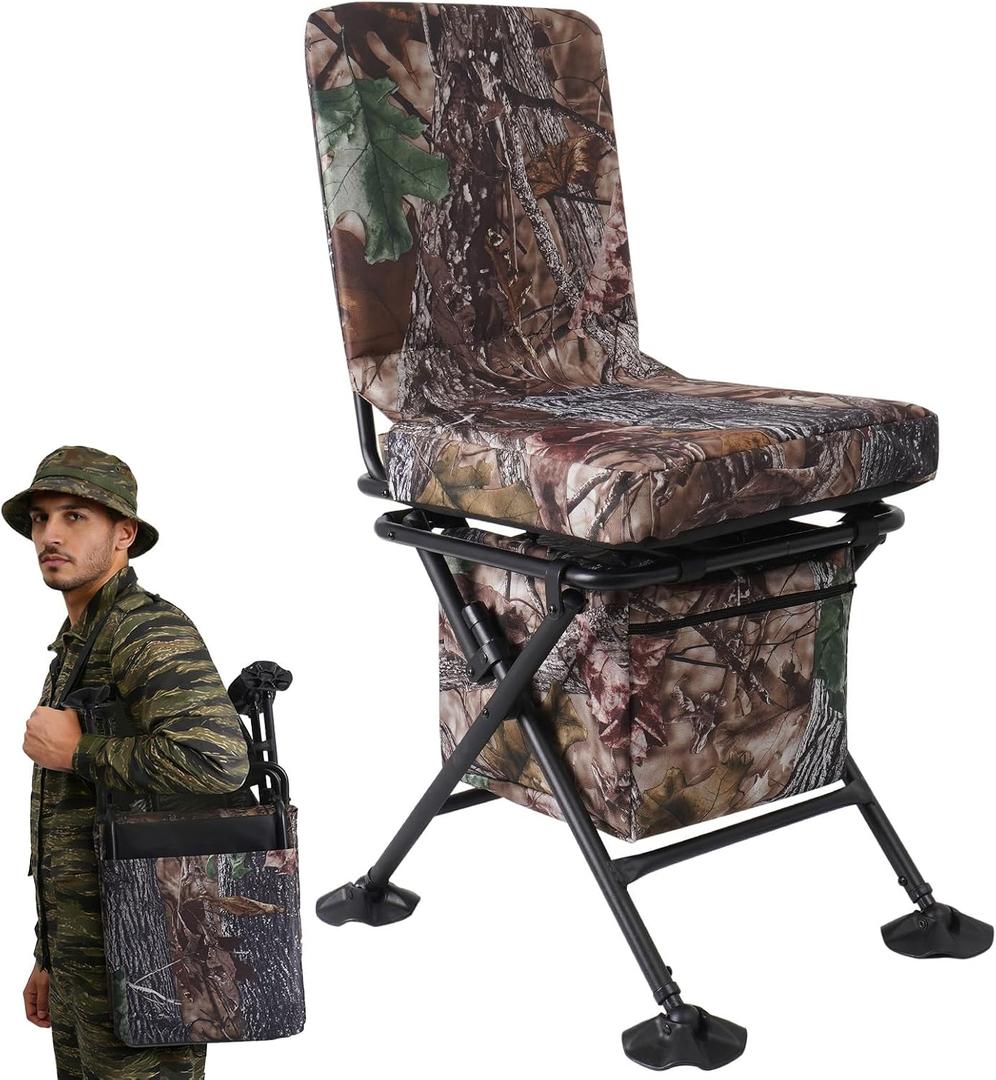 FUNHORUN Hunting Chair with Storage Bag, 360 Degree Silent Swivel Hunting Seat, Camouflage Foldable Ground Blind Chair, Tool-Free Padded Cushion Portable Seat, Lightweight, Compact