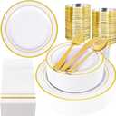 GATHER 350PCS Gold Plastic Plates - White and Gold Disposable Plastic Dinnerware Set Include 50 Dinner Plates, 50 Dessert Plate, 150 Silverware, 50 Napkins, 50 Cups for Party & Wedding