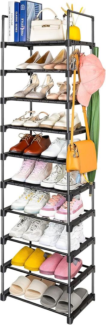 10 Tiers Free Standing Shoe Rack | 20-24 Pairs Shoes Storage Organizer | Stackable Metal Shoe Shelf with Hooks | Space Saving Narrow Shoe Rack for Entryway, Closet, Bedroom, Corner | Black