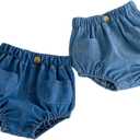 Colorful Childhood Toddler Denim Bloomers Shorts Baby Girls Boys Two Front Pockets Loose Harem Shorts 2pcs Light/ Dark Blue, Size 2-3T