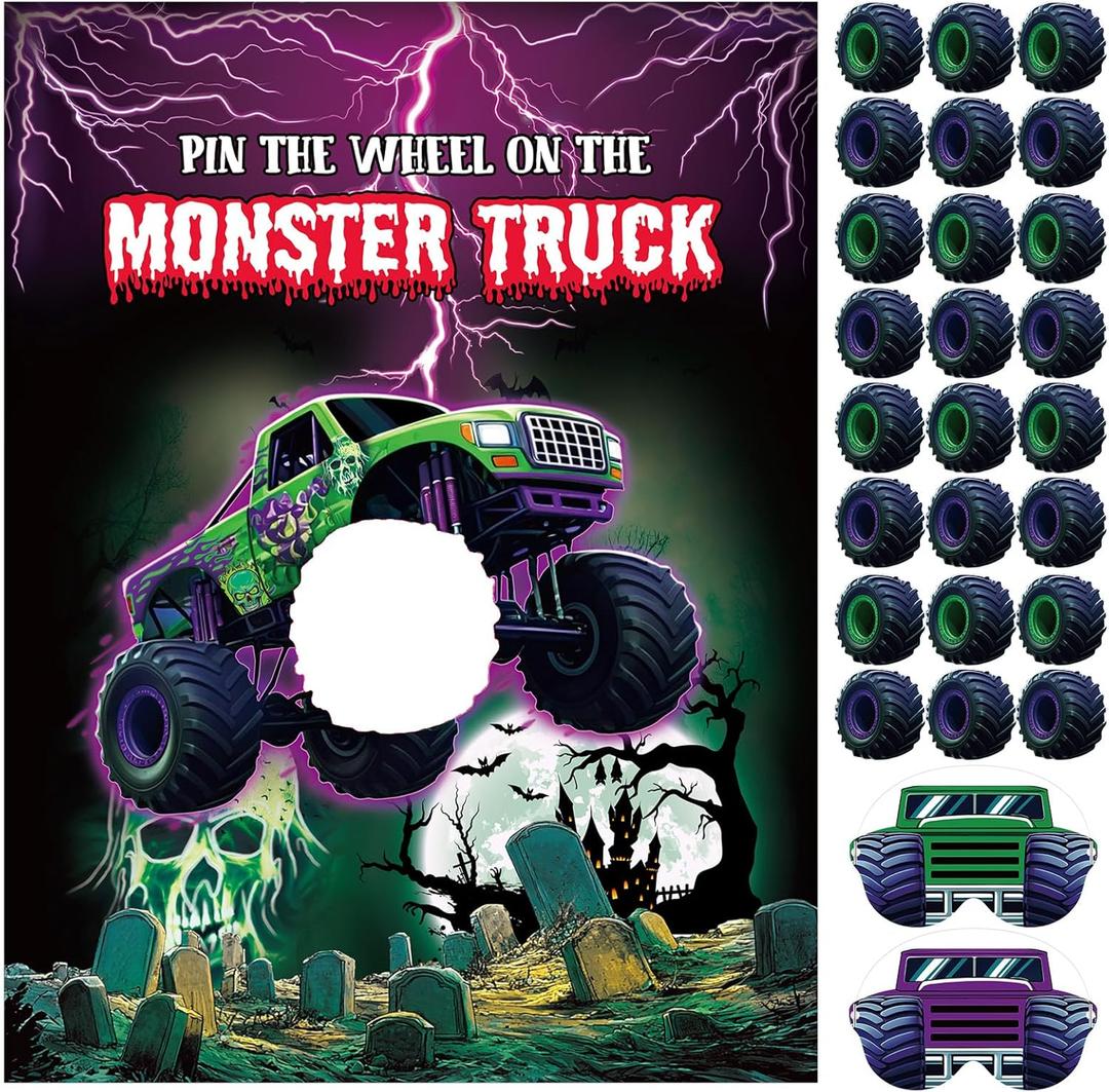 Faccito Monster Truck Birthday Games Pin The Wheel on The Monster Truck Green and Purple Trucks Poster with Stickers Blindfolds for Birthday Decorations Cars Party Games Activities Supplies