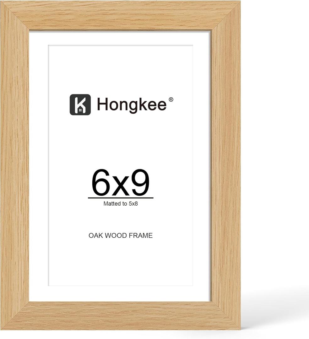 Hongkee 6x9 Oak Wood Picture Frame, Display Photos 5 x 8 with Mat or 6 x 9 without Mat - Tempered Glass Cover, Horizontal and Vertical Display for Wall or Tabletop (Natural Oak, Set of 1)