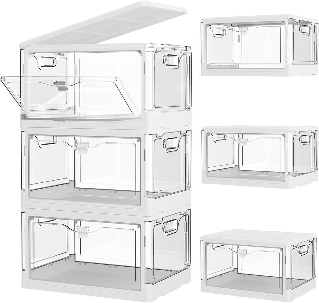 3-Pack 24 QT Clear Stackable Storage Bins with Lids & Magnetic Doors - Open Front Plastic Closet Organizers, Multifunctional Folding Storage for Bedrooms, Living Rooms, Study, and Kids' Toys