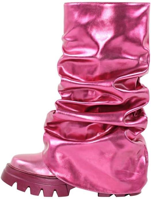 sexytag Women's Metallic Boots Slouchy Foldover Platform Round Toe Western Pull-On Fashion Boots (11, Pink-mid Calf)