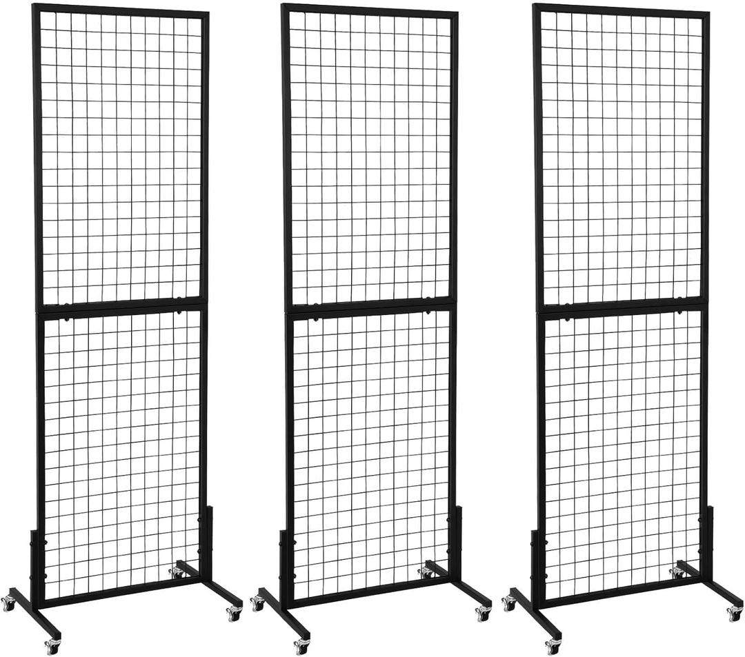 3 Packs 1.8' x 5.7' Grid Wall Panels Standing Wire Grid, Display Rack with T-Base Wheels Freestanding Gridwall Panel Tower for Shows, Black