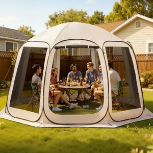 VEVOR Pop up Screen House Tent, 12 x 11 ft, 10-12 Person Screen Gazebo, Portable Screened in Canopy with Carry Bag, Netting Sides, Ground Stakes, for Garden, Patio, Backyard, Outdoor Activities, Beige, 12x11x7.55 FT