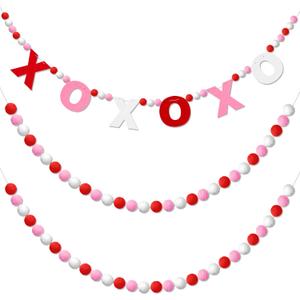 Breling 3 Pieces Valentine's Day Garland Felt Ball Garland, 10ft Pompom Valentines Decorations Banner for Mantle Fireplace Room Valentine Hanging Decor (Pink, XOXO)