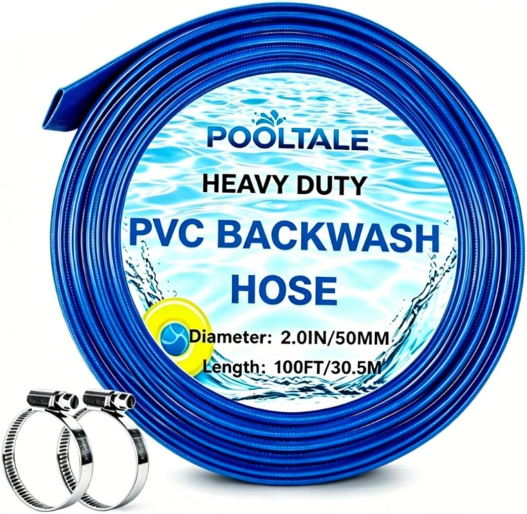 POOLTALE 2.0" x 100 FT Pool Backwash Hose, Heavy Duty Reinforced Lay-Flat Sump Pump Hose, Discharge Hose with 2 Clamp for Pool Filter, Drain Clean Swimming Pools and Filters for Inground Pools