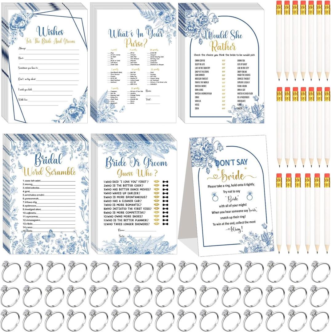 Estune 331 Pcs Bridal Shower Games Supplies, 5 Sets 250 Pcs Wedding Games Cards, 60 Pcs Rings, 20 Pcs Pencils (Blue Floral Style)
