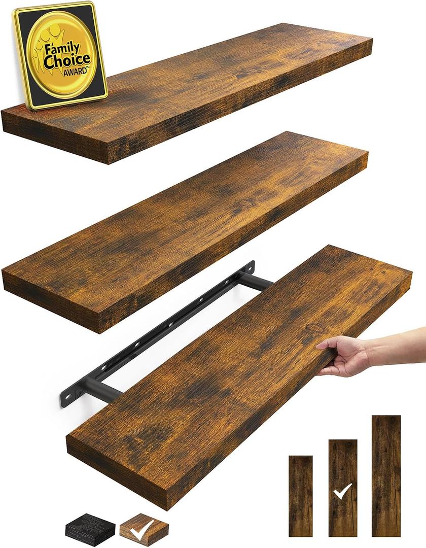 BAYKA Floating Shelves for Wall, Set of 3, 22.5 Inch Rustic Wood Wall Mounted Shelving for Bathroom, Bedroom, Living Room or Kitchen, Hanging Display Decor Book Shelf with 22 lbs, Rustic Brown