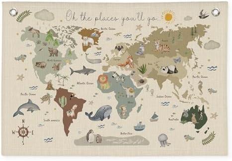 Wheatwin World Map Bannr for Kids, World Maps for Wall, World Map Cute Animal Educational Tapestry Wall Hanging Banner Flag Decor for Kids Room Classroom 20x30 (Updated)