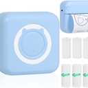 AURTEC Mini Thermal Printer, Portable Wireless Bluetooth Inkless With 3 Rolls of Sticker and 3 Rolls of Thermal Paper, Compatible With Android/iOS, Pocket for Memo and More Blue