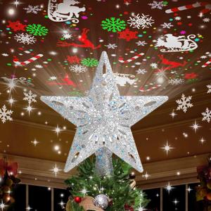 Kesfitt Christmas Tree Topper Sliver Lighted with 6 Projection Modes,Christmas Star Tree Topper Built-in LED Rotating Lights, 3D Glitter Dynamic Projection for Xmas Party Holiday Decorations (Silver)