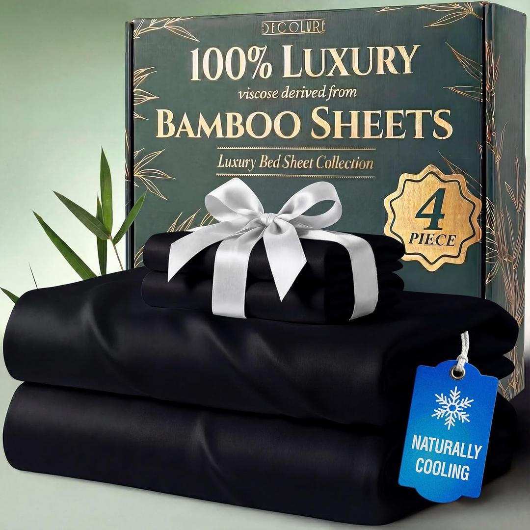 DECOLURE 100% Viscose Derived from Bamboo Sheets Twin Size - Luxury 4 Pc Naturally Cooling Sheets, Ultra Soft Bed Set - Deep 17" Pockets, Durable Double Stitching, Oeko Tex Standard (Black)