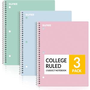 SUNEE Spiral Notebooks, 3 Pack, 1-Subject, College Ruled Paper, 8" x 10-1/2", 70 Sheets per Notebook, Assorted Pastel Colors Spiral Notebooks for School