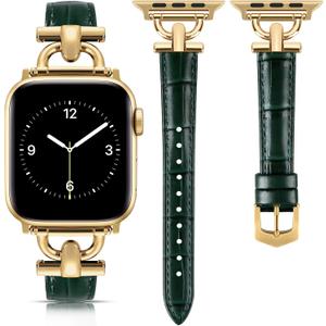 Leather Band Compatible with Apple Watch Bands for Women, Dressy Fancy Strap for iWatch Series 10/9/8/7/6/5/4/3/2/1/se(38mm 40mm 41mm 42mm,Dark Green/Gold)