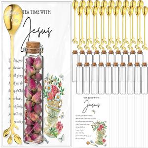 72pcs/24 Sets Tea Party Favors for Women Jesus Teaspoons Glass Jar with Prayer Cards 6.5" Coffee Spoons Souvenirs, Teaspoons for Christian Tea Party Favors Church Family Reunion Gifts (Gold)