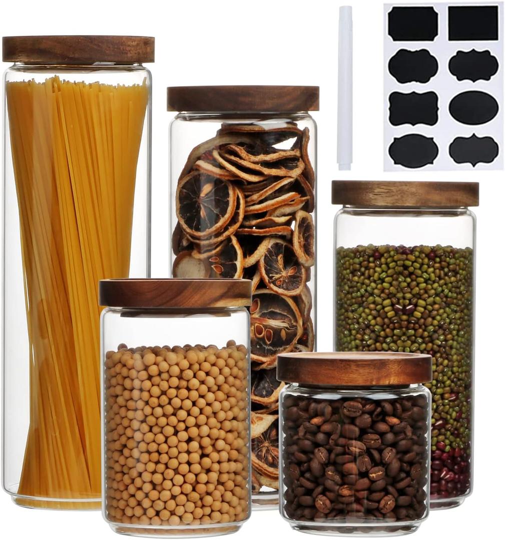 Flrolove Glass Canisters With Wooden Lids Kitchen Jars for Storage,Tea,Sugar and Coffee Container Set,Set of 5 Canisters for Candy, Cookie, Rice and Spice Jars