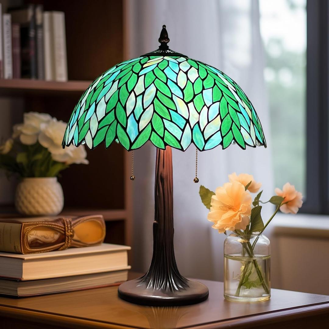 Tiffany Lamp 16" Large Green Wisteria Stained Glass Table Lamp | 2-Lights Antique Desk Light, Nightstand Bedside Reading Light, For Living Room Bedroom Study Office W16" x H23"