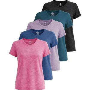 Real Essentials 5 Pack: Women's Short Sleeve T-Shirts Workout Tops Fitness Pilates Gym Activewear Athletic, M