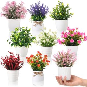 9 Pack Artificial Potted Flowers Small Fake Plants - Mini Plastic Flowers with Pot, No Watering Required, Bright Colors for Desk Decor, Coworkers Gift, Home Office Kitchen Table Indoor