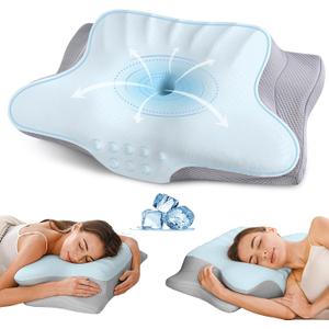 Cervical Neck Pillow for Pain Relief - Ergonomic Memory Foam Pillows for Sleeping, Cooling Side Sleeper Pillow for Neck Support, Contour Orthopedic Bed Pillow for Sleepers (Blue & Grey)