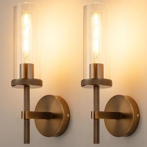 15" Knurled Bronze Hardwired Wall Sconces Set of 2, Bathroom Vanity Light Fixtures with Clear Glass Tube, Modern Lamp Lighting for Bedroom, Living Room, Hallway, Staircase, Mirror, Kitchen