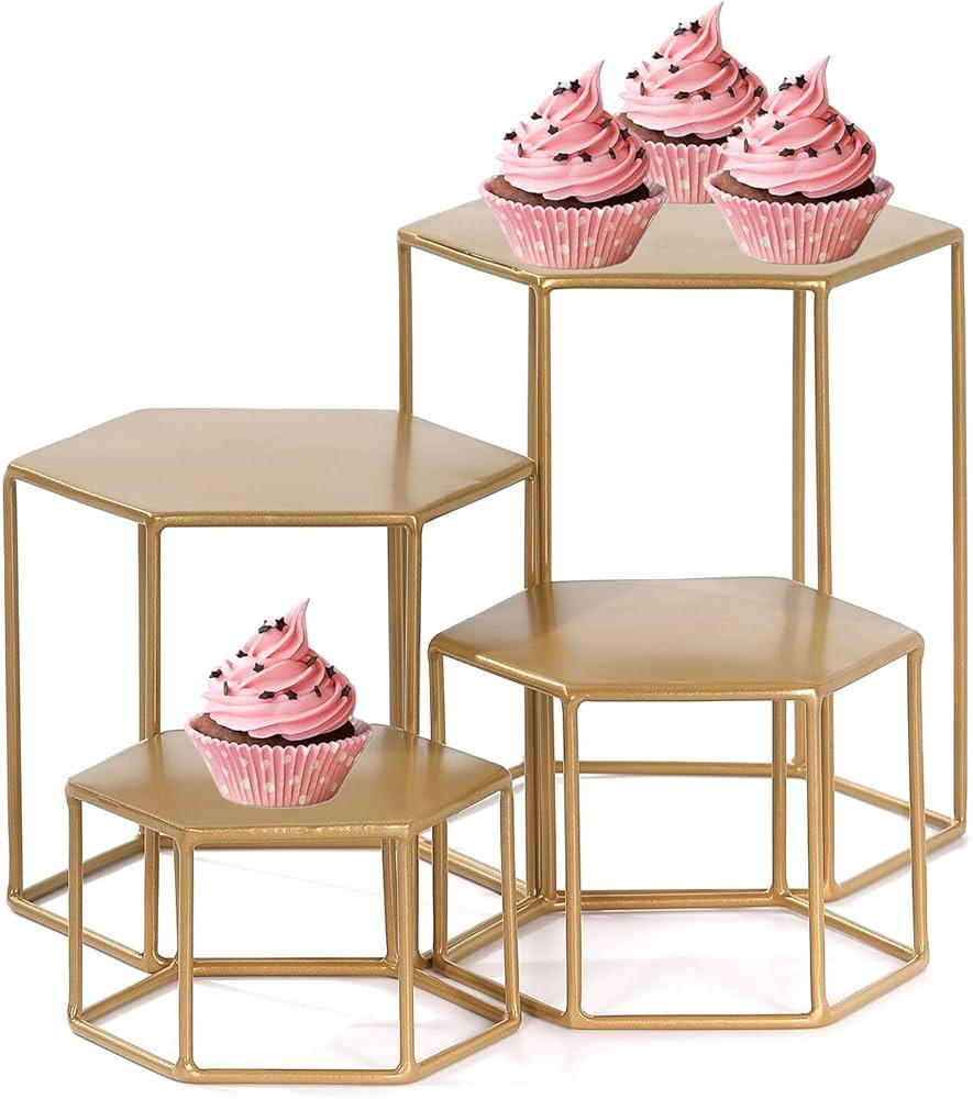 MinWadil Metal Display Risers, Set of 4 Brass Hexagonal Nesting Buffet Riser Set, Modern Brass Buffet Display Stands for Food, Food Display Risers for Buffet Cupcake Small Potted Plants