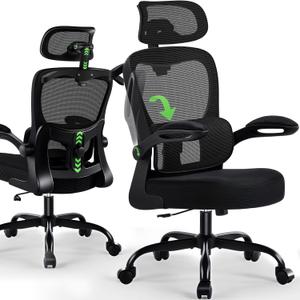Office Chair Ergonomic Desk Chairs with Adjustable Lumbar Support& Headrest Hanger, High Back Breathable Mesh Chair with Wheels, Rolling Swivel Comfy Task Computer Chair for Home Work Gaming (Black)