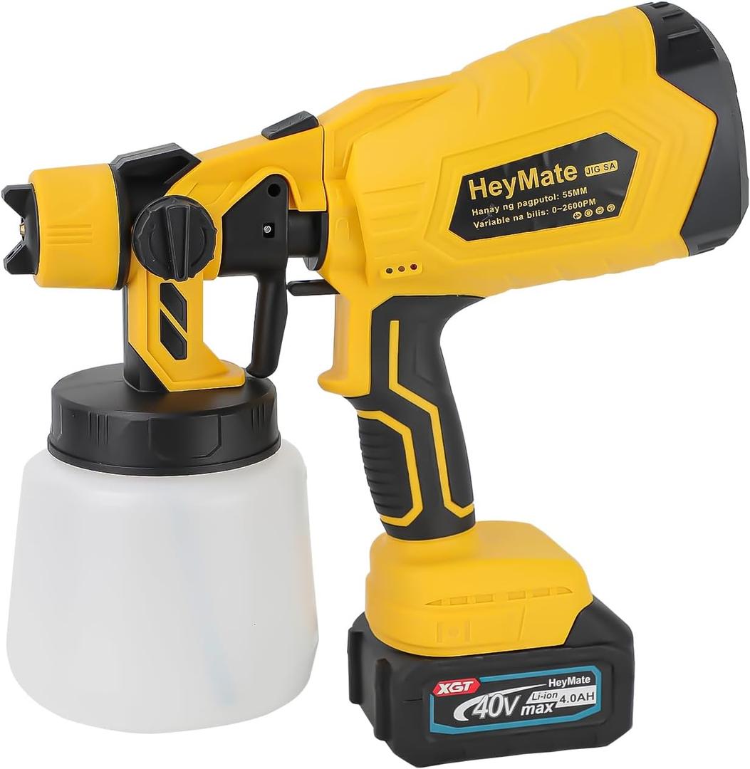 Cordless Paint Sprayer with 2 x 18V 2000mAh Batteries, HVLP Electric Paint Gun, 5 Copper Nozzles & 3 Spray Patterns 1000ML Painting Sprayer for Home Interior & Exterior