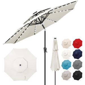 FLAME&SHADE 2 Tiers 9ft Solar Light Patio Umbrella, 40 LED lights outdoor umbrella with Centre Surround Light, Table Market Umbrella for Deck, Pool, Porch, Backyard, Garden (Ivory), 9 FT Double Top